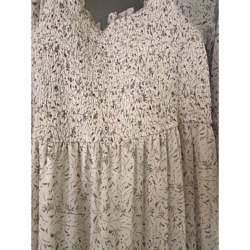 &Merci Sz M Off White Floral Dandy Prairie Midi Smocked TieredDress Long Sleeve - Picture 6 of 15
